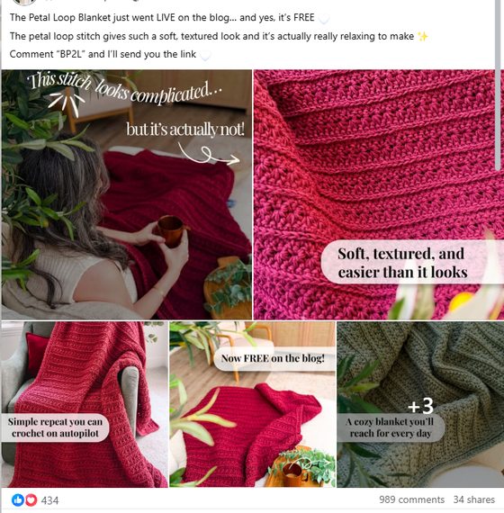After: a planned crochet post with hook text overlays and a comment-to-get-link CTA
